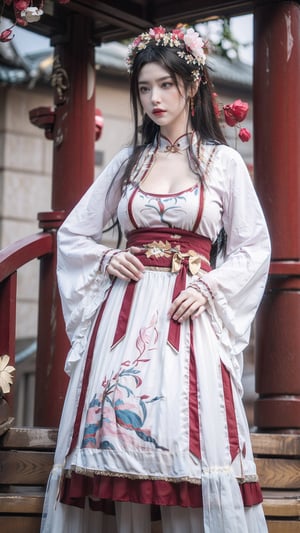 hanfu, Best Quality, masterpiece, (Snowing:1.3),1 girl, (long hair:1.2),  (big breasts:1.89),(Upper body photo:1.3),hanfu,18-year-old , exquisite , extreme face,creamy skin, fair skin,realistic skin details, (super-detail) , long hair, (big breasts:1.69),1girl,long skirt,long sleeves,(Peony flowers, plum blossoms:1.5),(flower:1.3),tangdynastyhanfu, hanfu2,myhanfu, chang,Sit on the steps, hands on hips,embroidered flower patterns,hanfulolita