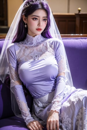 masterpiece,1girl,(mature female:0.5),tall body,golden proportions,(Kpop idol),(shiny skin:1.2),(oil skin:1.1),makeup,(close up),(church background:1.2),depth of field,(closed mouth:0.5),((long wavy purple hair)),(puffy eyes),(eyelashes:1.1),(parted lips:1.1),red lipstick,fantasy art style,dreamy light,(high neck purple wedding dress:1.59),(lace long wedding dress:1.39),perfect body,(dreamy veil:1.3),(dusk:1.2),princess shoes,(diamond necklace),(crystal hairpin),tyndall effect,highres,(Sit on the sofa:1.3),(big breasts:1.79),