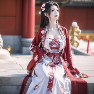 hanfu, Best Quality, masterpiece, (Snowing:1.3),1 girl, (long hair:1.2),  (big breasts:1.89),(Upper body photo:1.3),hanfu,18-year-old , exquisite , extreme face,creamy skin, fair skin,realistic skin details, (super-detail) , long hair, (big breasts:1.69),1girl,long skirt,long sleeves,(Peony flowers, plum blossoms:1.5),(flower:1.3),tangdynastyhanfu, hanfu2,myhanfu, chang,Sit on the steps, hands on hips,embroidered flower patterns