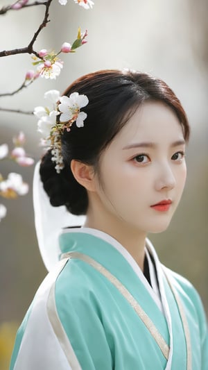 masterpiece, best quality, absurdres, 8K, super fine, best_lighting, a beautiful girl,hanfu,school,classroom,flowers,spring,yeseo,xxmix_girl