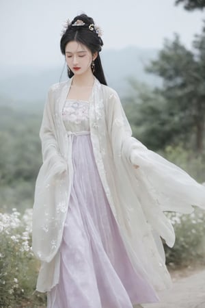 masterpiece, best quality1girl, black hair, daxiushan, daxiushan style, solo,flower,  white  clothes, walking on the street,,hanfu, traditional chinese ink painting,xxmixgirl,Xziling