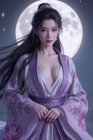 (8k, RAW photo, best quality, masterpiece:1.2), (realistic, photo-realistic:1.2)(raw photo) , detailed and intricate, original,highres,looking at viewer,upper body,black hair,BREAK,(light purple hanfu:1.29),(huge breasts:1.89),Xyunxiao,1girl,(full moon,Peony:1.36),BREAK,(Chinese Phoenix pattern embroidery:1.26),wonder beauty