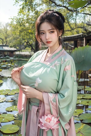 (masterpiece, best quality:1.2), highres, extremely detailed, 1 girl, long hair, eye highlights,(light green hanfu dress:1.33), frills, outdoors, flower, fluttering petals, upper body, depth of field,pastel color, Depth of field,garden of the sun,shiny,flowers, garden, 1girl, butterfly style, butterflies, ultra detailed, glary,Light, light particles,glitter,reflect,(Ancient Chinese pattern embroidery:1.23),(big breasts:1.76),Xyunxiao,BREAK,(pink lotus,Lotus Pond:1.59),(Background Chinese ancient architecture:1.29)