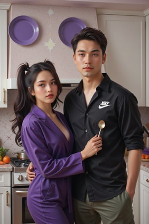 Close-up of a digital painting depicting a man in a black shirt and a beautiful woman in a purple jumpsuit standing in a kitchen. The man was wearing a black button-up shirt and dark green pants, with NIKE embroidery on the left side of the shirt. The woman wears a long-sleeved purple robe and holds a spoon in her right hand, while the man holds an apple in his left hand. The woman's arms rest in front of a silver pot on the stove. The stove is against a white countertop, with bowls of vegetables placed on it. There is a sink with a silver faucet to the left of the stove, and a white cabinet with silver handles. Above the counter, three purple plates hang from the ceiling. Realism. light and shadow. The lighting is soft. masterpiece