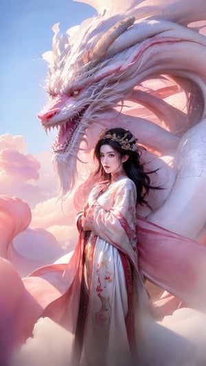 photorealistic,realistic,photography,masterpiece,best quality,ultra-detailed,extremely detailed CG unity 8k wallpaper,1girl,cloud,pink theme,pink white dragon,,moyou,forehead,white hair,big breasts
