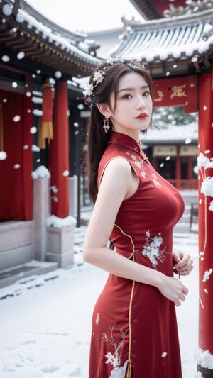 Masterpiece, Best Quality,young and beautiful Chinese girl wearing a cheongsam with coiled hair,wearing vintage Chinese earrings, (big breasts:1.3),1girl, half,(red hanfu:1.2),arien_hanfu, 1girl, (falling_snow:1.3), looking_at_viewer, , (big breasts:1.39),Young beauty spirit 