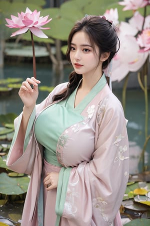 (masterpiece, best quality:1.2), highres, extremely detailed, 1 girl, long hair, eye highlights,(light green hanfu dress:1.33), frills, outdoors, flower, fluttering petals, upper body, depth of field,pastel color, Depth of field,garden of the sun,shiny,flowers, garden, 1girl, butterfly style, butterflies, ultra detailed, glary,Light, light particles,glitter,reflect,(Ancient Chinese pattern embroidery:1.23),(big breasts:1.76),Xyunxiao,BREAK,(pink lotus,Lotus Pond:1.59),(Background Chinese ancient architecture:1.29)