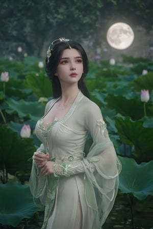 (8k, RAW photo, best quality, masterpiece:1.2), (realistic, photo-realistic:1.2)(raw photo) , detailed and intricate, original,highres,looking at viewer,upper body,black hair,BREAK,(light green 
 clothing:1.39),(huge breasts:2.29),Xyunxiao,1girl,(full moon,Peony:1.36),BREAK,( Chinese Phoenix pattern embroidery:1.26),Xxiaolongnv,Xlimuwan,Xjiuweihu,(Mid-Autumn Festival theme, moon cakes, jade rabbit, lanterns, fireworks:1.52), (lotus, lotus pond:1.59)