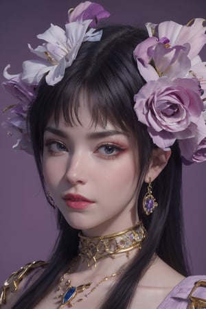 purple theme,  snowflakes,  looking at viewer,  Half body,colorful hair,  jewelry,  close up,  ultra high res,  deep shadow, (best quality,  masterpiece),  dimly lit,  shade, highly detailed,  bold makeup,  flower,  solid color background,  depth of field,  film grain,  fashion_girl,  accessories, High detailed, ,fashion_girl,dream_girl,photorealistic