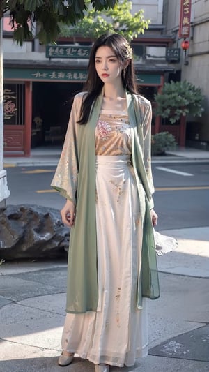 ,(hanfu),(floral print:1.3),(pink see-through shirt),(green see-through print long skirt),(long sleeves),1 girl,full body,(long hair:1.1),,(big breasts:1.2), (realistic:1.7),((best quality)),absurdres,(ultra high res),(photorealistic:1.6),photorealistic,octane render,(hyperrealistic:1.2), (photorealistic face:1.2), (8k), (4k), (Masterpiece),(realistic skin texture), (illustration, cinematic lighting,wallpaper),( beautiful eyes:1.2),((((perfect face)))),(cute),(standing),(black hair),black eyes,red lips, outdoors, (chinese style buildings), ,hanfu