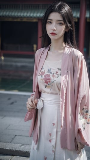 ,(hanfu),(floral print:1.3),(pink see-through shirt),(green see-through print long skirt),(long sleeves),1 girl,full body,(long hair:1.1), (realistic:1.7),((best quality)),absurdres,(ultra high res),(photorealistic:1.6),photorealistic,octane render,(hyperrealistic:1.2), (photorealistic face:1.2), (8k), (4k), (Masterpiece),(realistic skin texture), (illustration, cinematic lighting,wallpaper),( beautiful eyes:1.2),((((perfect face)))),(cute),(standing),(black hair),black eyes,red lips, outdoors, (chinese style buildings), ,hanfu