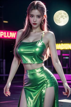 (masterpiece, best quality:1.3),Nights,(Cyberpunk:1.1), (neon lights:1.43), glowing earrings, realistic, pub,1girl, solo, looking at viewer, (Holographic light green dress:1.29),realistic, midriff, bare shoulders, standting, hair ornament, pink hair, jewelry, Pleated Skirt, purple long skirt, cowboy shot,Xyunxiao, ,(huge breasts:1.5),(full moon:1.39)