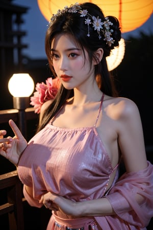   (masterpiece, best quality:1.2),1girl, navel, solo, midriff, bare shoulders, lantern, hair ornament, flower, hair flower, paper lantern, black hair, red lips, looking at viewer, chinese clothes, (light Holographic pink dress:1.29), purple eyes,blurry, solo focus, long hair, lips, night, lipstick, outdoors, upper body, blurry,(huge breasts:1.46), background, solo, makeup, hair bun,Xyunxiao,(full moon:1.23)