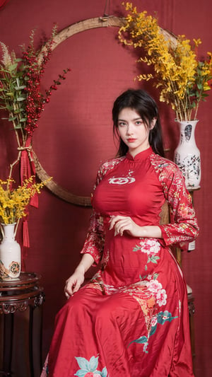 masterpiece, best quality, 1girl, solo, long hair, black hair, sitting, indoors, chair, floral print, table, plant, hand fan, aodai,aodaicuoi,(big breasts:1.59),