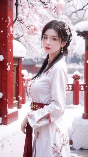 Masterpiece, Best Quality,young and beautiful Chinese girl wearing a cheongsam with coiled hair, , wearing vintage Chinese earrings, (big breasts:1.39),in front of the Forbidden City, with a large aperture portrait lens,(big breasts:1.3),embroidered flower patterns,(Peonies, cherry blossoms, plum blossoms:1.3), (snow:1.5),,  qipao