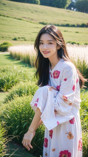 1girl, solo, a stunning beautiful Asian girl with bright smile, light brown hair, blowing hari, spring grass field, wearing a colorful onepiece dress, looking at camera, 8k, high res, middle quality, ,Young beauty spirit 