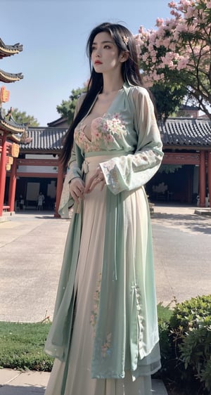 (hanfu),(floral print:1.3),(pink see-through shirt),(green see-through print long skirt),(long sleeves),1 girl,full body,(long hair:1.1),,(big breasts:1.6), (realistic:1.7),((best quality)),absurdres,(ultra high res),(photorealistic:1.6),photorealistic,octane render,(hyperrealistic:1.2), (photorealistic face:1.2), (8k), (4k), ,,(big breasts:1.5),(Masterpiece),(realistic skin texture), (illustration, cinematic lighting,wallpaper),( beautiful eyes:1.2),((((perfect face)))),(cute),(standing),(black hair),black eyes,red lips, outdoors, (chinese style buildings), ,hanfu,Agoon