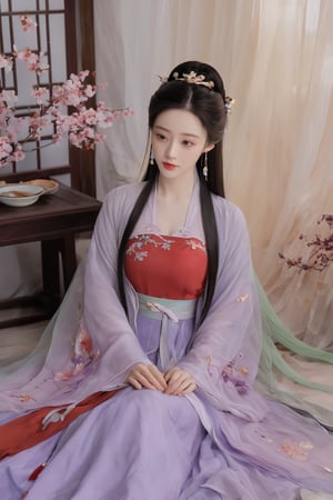 (masterpiece, best quality:1.2),1girl, solo, long hair, black hair,Hairpins,necklace, hair ornament, dress, full body, flower, earrings, indoors, hair bun, (red-Purple-green dress:1.29),(Tube top Hanfu long skirt:1.1), pillow, bed, night, chinese clothes, table, branch,daxiushan, ,daxiushan style,(huge breasts:2.33), (full breasts:1.79), realistic,hanfu, daxiushan,Shoulders are exposed, , daxiushan, arien_hanfu, FilmGirl,Xziling,More Reasonable Details