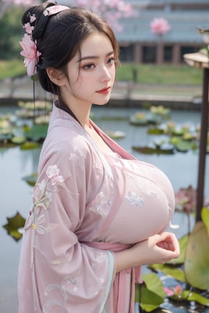 (masterpiece, best quality:1.2), highres, extremely detailed, 1 girl, long hair, eye highlights,(light pink hanfu dress:1.33), frills, outdoors, flower, fluttering petals, upper body, depth of field,pastel color, Depth of field,garden of the sun,shiny,flowers, garden, 1girl, butterfly style, butterflies, ultra detailed, glary,Light, light particles,glitter,reflect,(Ancient Chinese pattern embroidery:1.23),(big breasts:1.76),Xyunxiao,(pink lotus,Lotus Pond:1.59),(Background Chinese ancient architecture:1.29)