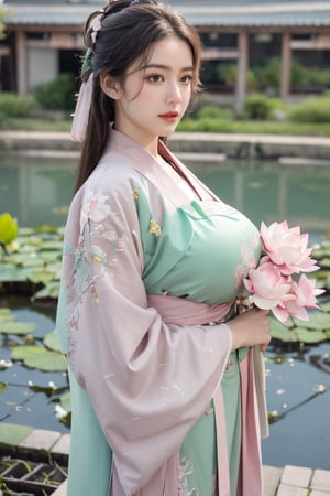 (masterpiece, best quality:1.2), highres, extremely detailed, 1 girl, long hair, eye highlights,(light green hanfu dress:1.33), frills, outdoors, flower, fluttering petals, upper body, depth of field,pastel color, Depth of field,garden of the sun,shiny,flowers, garden, 1girl, butterfly style, butterflies, ultra detailed, glary,Light, light particles,glitter,reflect,(Ancient Chinese pattern embroidery:1.23),(big breasts:1.76),Xyunxiao,(pink lotus,Lotus Pond:1.59),(Background Chinese ancient architecture:1.29)