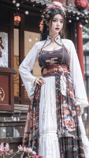 hanfu, Best Quality, masterpiece, (Snowing:1.3),1 girl, (long hair:1.2),  (big breasts:1.89),(Upper body photo:1.3),hanfu,18-year-old , exquisite , extreme face,creamy skin, fair skin,realistic skin details, (super-detail) , long hair, (big breasts:1.69),1girl,long skirt,long sleeves,(Peony flowers, plum blossoms:1.5),(flower:1.3),tangdynastyhanfu, hanfu2,myhanfu, chang,Sit on the steps, hands on hips,embroidered flower patterns,hanfulolita,Chinese style