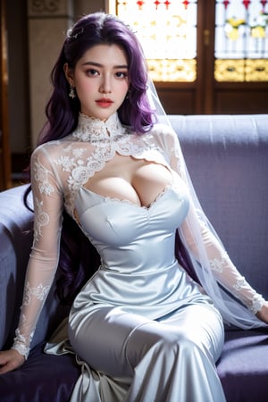 masterpiece,1girl,(mature female:0.5),tall body,golden proportions,(Kpop idol),(shiny skin:1.2),(oil skin:1.1),makeup,(close up),(church background:1.2),depth of field,(closed mouth:0.5),((long wavy purple hair)),(puffy eyes),(eyelashes:1.1),(parted lips:1.1),red lipstick,fantasy art style,dreamy light,(high neck purple wedding dress:1.33),(lace long wedding dress:1.39),perfect body,(dreamy veil:1.3),(dusk:1.2),princess shoes,(diamond necklace),(crystal hairpin),tyndall effect,highres,(Sit on the sofa:1.3),(big breasts:1.68),