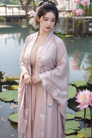 (masterpiece, best quality:1.2), highres, extremely detailed, 1 girl, long hair, eye highlights,(light pink hanfu dress:1.33), frills, outdoors, flower, fluttering petals, upper body, depth of field,pastel color, Depth of field,garden of the sun,shiny,flowers, garden, 1girl, butterfly style, butterflies, ultra detailed, glary,Light, light particles,glitter,reflect,(Ancient Chinese pattern embroidery:1.23),(big breasts:1.76),Xyunxiao,(pink lotus,Lotus Pond:1.59),(Background Chinese ancient architecture:1.29)