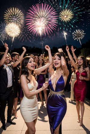 I would paint a vibrant scene of a group of women, dressed in elegant evening gowns, gathered together to celebrate the arrival of the new year. They would be dancing, laughing, and holding glasses of champagne, exuding joy and excitement. The painting would capture the energy and spirit of the occasion, with colorful fireworks bursting in the night sky.