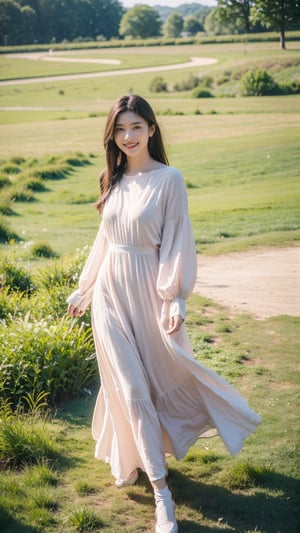 1girl, solo, a stunning beautiful Asian girl with bright smile, light brown hair, blowing hari, spring grass field, wearing a colorful onepiece dress, looking at camera, 8k, high res, middle quality, ,Young beauty spirit 