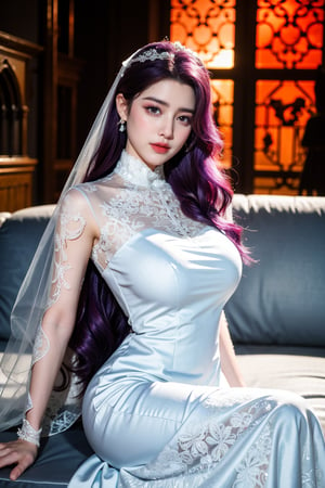 masterpiece,1girl,(mature female:0.5),tall body,golden proportions,(Kpop idol),(shiny skin:1.2),(oil skin:1.1),makeup,(close up),(church background:1.2),depth of field,(closed mouth:0.5),((long wavy purple hair)),(puffy eyes),(eyelashes:1.1),(parted lips:1.1),red lipstick,fantasy art style,dreamy light,(high neck red wedding dress:1.53),(lace long wedding dress:1.39),perfect body,(dreamy veil:1.3),(dusk:1.2),princess shoes,(diamond necklace),(crystal hairpin),tyndall effect,highres,(Sit on the sofa:1.3),(big breasts:1.68),