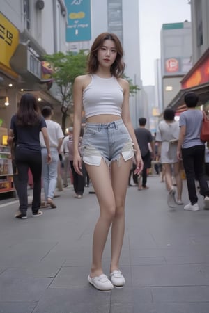 Create a realistic street photography style image of a stylish Korean woman in Seoul. She's wearing light-washed high-waisted denim shorts with pockets peeking out below the hem, paired with a white cropped top. Her medium-length wavy hair is dyed light brown. She's standing on a busy Seoul street with neon signs and crowds in the background. Capture her in a candid pose, as if waiting for someone. Use natural lighting to enhance the urban atmosphere and showcase the fashion details.,Xyunxiao,Xxiaolongnv