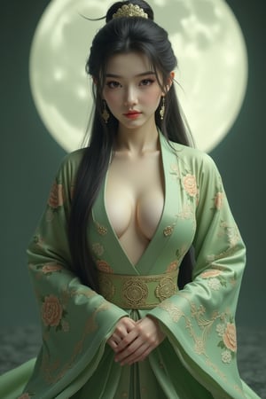 (8k, RAW photo, best quality, masterpiece:1.2), (realistic, photo-realistic:1.2)(raw photo) , detailed and intricate, original,highres,looking at viewer,upper body,black hair,BREAK,(light green hanfu:1.29),(huge breasts:2.3),Xyunxiao,1girl,(full moon,Peony:1.36),BREAK,(Chinese Phoenix pattern embroidery:1.26),wonder beauty