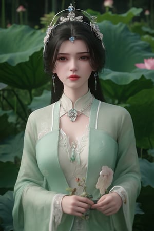 (8k, RAW photo, best quality, masterpiece:1.2), (realistic, photo-realistic:1.2)(raw photo) , detailed and intricate, original,highres,looking at viewer,upper body,black hair,BREAK,(light green 
 clothing:1.39),(huge breasts:2.29),Xyunxiao,1girl,(full moon,Peony:1.36),BREAK,( Chinese Phoenix pattern embroidery:1.26),Xxiaolongnv,Xlimuwan,Xjiuweihu,(Mid-Autumn Festival theme, moon cakes, jade rabbit, lanterns, fireworks:1.52), (lotus, lotus pond:1.59)