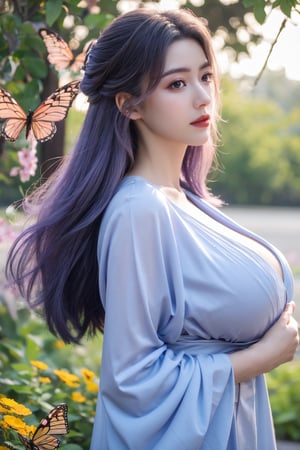 (masterpiece, best quality:1.2), highres, extremely detailed, 1 girl, purple hair, eye highlights,purple dress, frills, outdoors, flower, fluttering petals, upper body, depth of field,pastel color, Depth of field,(garden of the sun,shiny,flowers, garden, 1girl, butterfly style, butterflies:1.23), ultra detailed, glary,Light, light particles,glitter,reflect,,(big breasts:1.66),Xyunxiao,full_moon,hanfu