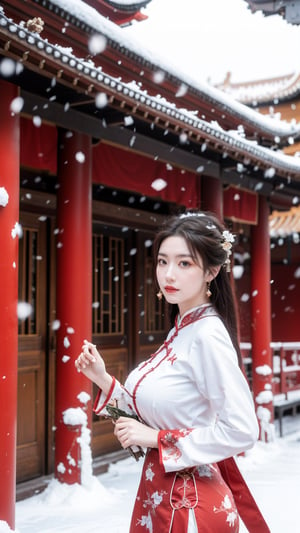 Masterpiece, Best Quality,young and beautiful Chinese girl wearing a cheongsam with coiled hair,wearing vintage Chinese earrings, (big breasts:1.39),1girl, half,(red hanfu:1.2),arien_hanfu, 1girl, (falling_snow:1.3), looking_at_viewer, , (big breasts:1.39),Young beauty spirit 