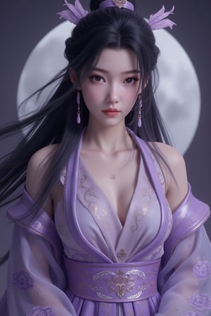 (8k, RAW photo, best quality, masterpiece:1.2), (realistic, photo-realistic:1.2)(raw photo) , detailed and intricate, original,highres,looking at viewer,upper body,black hair,BREAK,(light purple clothing:1.29),(huge breasts:1.82),Xyunxiao,1girl,(full moon,Peony:1.36),BREAK,(Chinese Phoenix pattern embroidery:1.26)