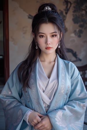 (8k, RAW photo, best quality, masterpiece:1.2), (realistic, photo-realistic:1.2)(raw photo) , detailed and intricate, original,highres,looking at viewer,upper body,black hair,BREAK,(light blue hanfu:1.29),(huge breasts:2.39),Xyunxiao,1girl,(full moon,Peony:1.36),BREAK,(Chinese Phoenix pattern embroidery:1.26),wonder beauty