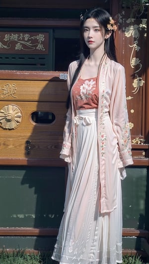 ,(hanfu),(floral print:1.3),(pink see-through shirt),(green see-through print long skirt),(long sleeves),1 girl,full body,(long hair:1.1),,(big breasts:1.2), (realistic:1.7),((best quality)),absurdres,(ultra high res),(photorealistic:1.6),photorealistic,octane render,(hyperrealistic:1.2), (photorealistic face:1.2), (8k), (4k), (Masterpiece),(realistic skin texture), (illustration, cinematic lighting,wallpaper),( beautiful eyes:1.2),((((perfect face)))),(cute),(standing),(black hair),black eyes,red lips, outdoors, (chinese style buildings), ,hanfu,Agoon