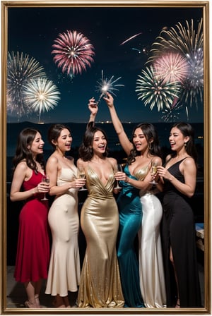 I would paint a vibrant scene of a group of women, dressed in elegant evening gowns, gathered together to celebrate the arrival of the new year. They would be dancing, laughing, and holding glasses of champagne, exuding joy and excitement. The painting would capture the energy and spirit of the occasion, with colorful fireworks bursting in the night sky.
