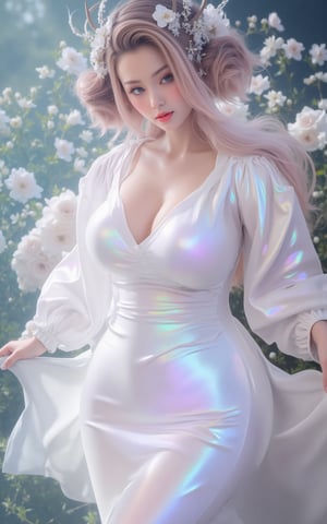 (masterpiece, best quality:1.2), 1girl,(Holographic white dress:1.26),looking at viewer, Xyunxiao,Yunxiao_Fairy, (huge breasts:1.63),Depth of field,(flowers, garden:1.29), 1girl, ultra detailed, glary,Light, light particles,glitter,reflect,Xguxuner