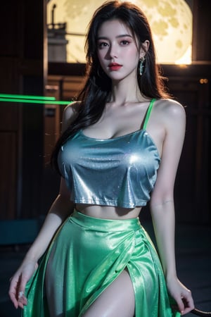 (masterpiece, best quality:1.3),Nights,(Cyberpunk:1.1), (neon lights:1.43), glowing earrings, realistic, pub,1girl, solo, looking at viewer, (Holographic light green dress:1.29),realistic, midriff, bare shoulders, standting, hair ornament, long hair, jewelry, Pleated Skirt, purple long skirt, cowboy shot,Xyunxiao, ,(huge breasts:1.56),(full moon:1.39)