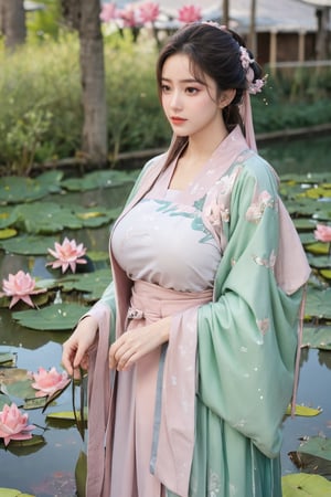 (masterpiece, best quality:1.2), highres, extremely detailed, 1 girl, long hair, eye highlights,(light green hanfu dress:1.33), frills, outdoors, flower, fluttering petals, upper body, depth of field,pastel color, Depth of field,garden of the sun,shiny,flowers, garden, 1girl, butterfly style, butterflies, ultra detailed, glary,Light, light particles,glitter,reflect,(Ancient Chinese pattern embroidery:1.23),(big breasts:1.76),Xyunxiao,BREAK,(pink lotus,Lotus Pond:1.59),(Background Chinese ancient architecture:1.29)