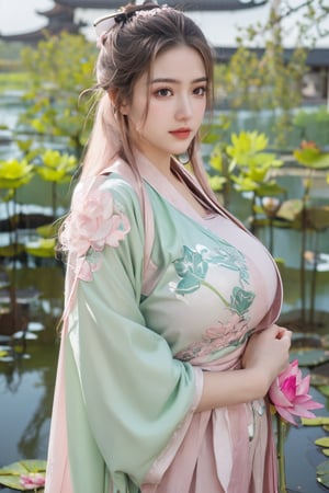 (masterpiece, best quality:1.2), highres, extremely detailed, 1 girl, long hair, eye highlights,(light green hanfu dress:1.33), frills, outdoors, flower, fluttering petals, upper body, depth of field,pastel color, Depth of field,garden of the sun,shiny,flowers, garden, 1girl, butterfly style, butterflies, ultra detailed, glary,Light, light particles,glitter,reflect,(Ancient Chinese pattern embroidery:1.23),(big breasts:1.76),Xyunxiao,(pink lotus,Lotus Pond:1.59),(Background Chinese ancient architecture:1.29)