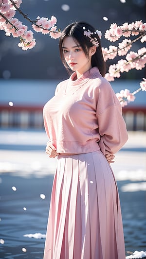 masterpiece, best quality, 1girl,Chinese hanfu,(pink sweater,mid length pleated skirt:1.2),(Forbidden City background, snowing, plum blossoms:1.2),plush clothes,(scarf:1.1),arms_behind_back,Young beauty spirit, (big breasts:1.3), 