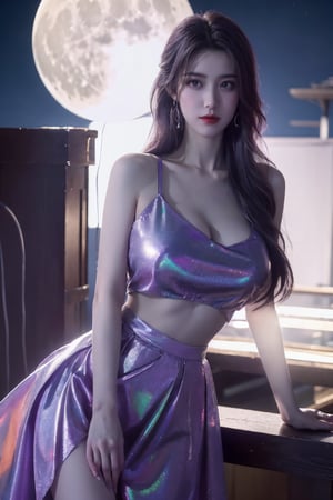 (masterpiece, best quality:1.3),Nights,(Cyberpunk:1.1), (neon lights:1.43), glowing earrings, realistic, pub,1girl, solo, looking at viewer, (Holographic light purple dress:1.29),realistic, midriff, bare shoulders, standting, hair ornament, long hair, jewelry, Pleated Skirt, purple long skirt, cowboy shot,Xyunxiao, ,(huge breasts:1.56),(full moon:1.39)