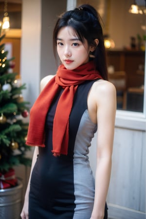 1girl,moyou,christmas theme,,(navel exposed suit:0.1),(scarf:1.1),arms_behind_back,Young beauty spirit 