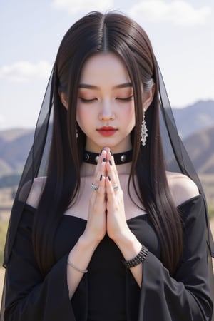 1girl, solo, long hair, black hair, hair ornament, long sleeves, dress, jewelry, closed mouth, closed eyes, upper body, earrings, necklace, bracelet, ring, own hands together, veil, red lips, praying,Midjourney_Whisper,Made of adrr-zllj,landscape,wonder beauty