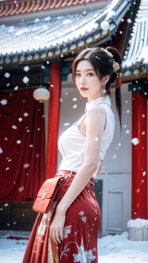 Masterpiece, Best Quality,young and beautiful Chinese girl wearing a cheongsam with coiled hair,wearing vintage Chinese earrings, (big breasts:1.3),1girl, half,(red hanfu:1.2),arien_hanfu, 1girl, (falling_snow:1.3), looking_at_viewer, , (big breasts:1.39),Young beauty spirit 
