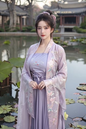 (masterpiece, best quality:1.2), highres, extremely detailed, 1 girl, purple hair, eye highlights,(light purple hanfu dress:1.33), frills, outdoors, flower, fluttering petals, upper body, depth of field,pastel color, Depth of field,garden of the sun,shiny,flowers, garden, 1girl, butterfly style, butterflies, ultra detailed, glary,Light, light particles,glitter,reflect,(Ancient Chinese pattern embroidery:1.59),(big breasts:1.76),Xyunxiao,(pink lotus,Lotus Pond:1.59),(Background Chinese ancient architecture:1.29)