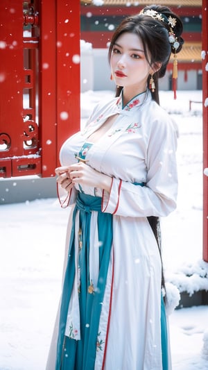 Masterpiece, Best Quality,young and beautiful Chinese girl wearing a cheongsam with coiled hair, , wearing vintage Chinese earrings, (big breasts:1.39),1girl, half, (Masterpiece:1.2), best quality, arien_hanfu, 1girl, (falling_snow:1.3), looking_at_viewer, , (big breasts:1.5),